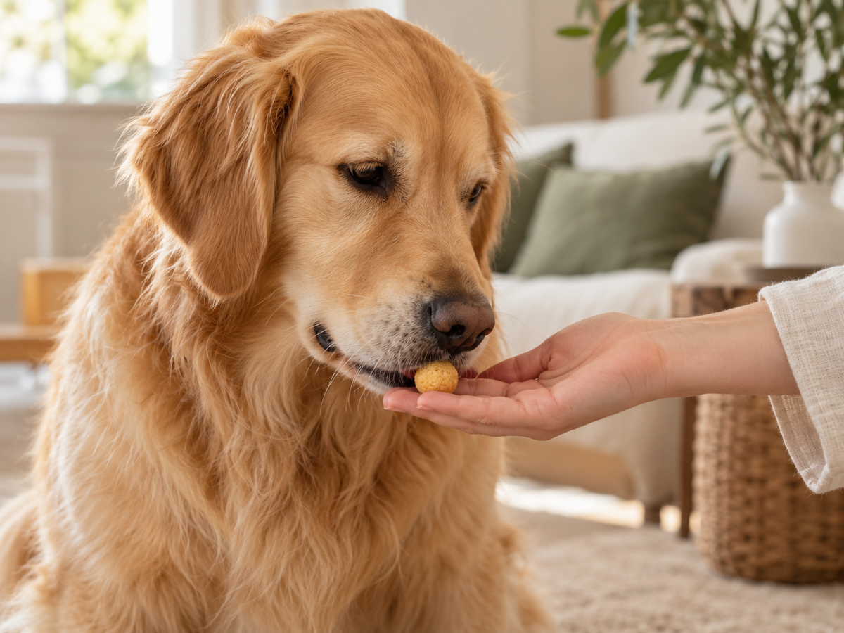 Golden retriever taking a freeze-dried quail egg yolk treat from an owner's hand