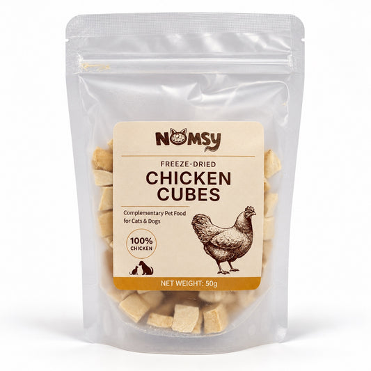 Nomsy freeze-dried chicken cubes 50g pouch, front label