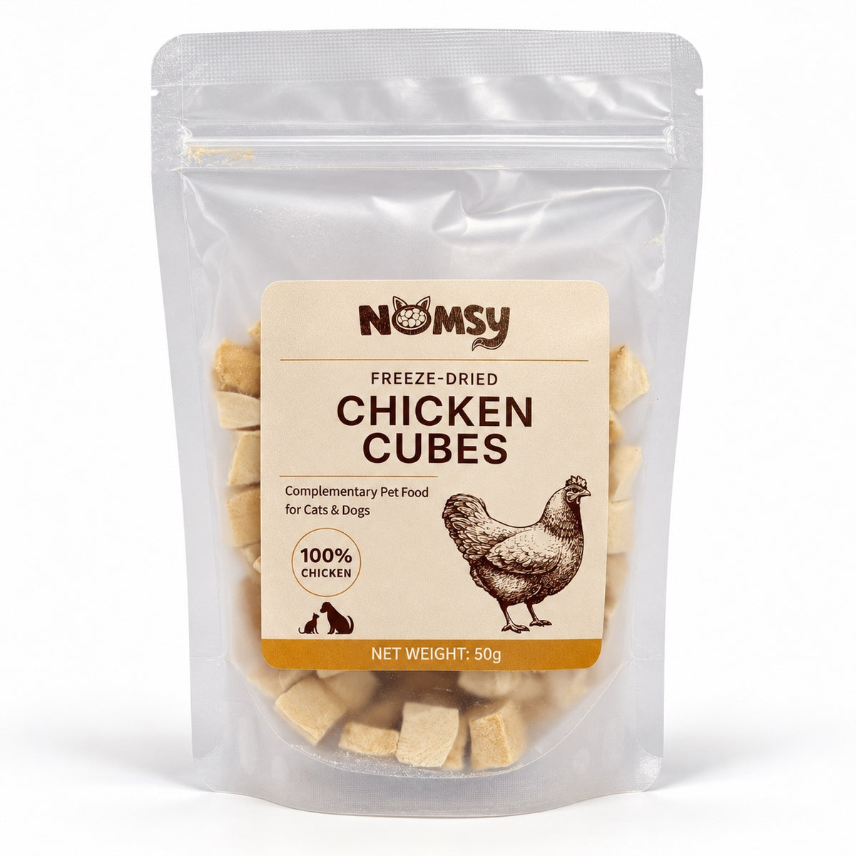 Nomsy freeze-dried chicken cubes 50g pouch, front label