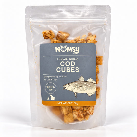 Nomsy freeze-dried cod cubes 50g pouch, front label