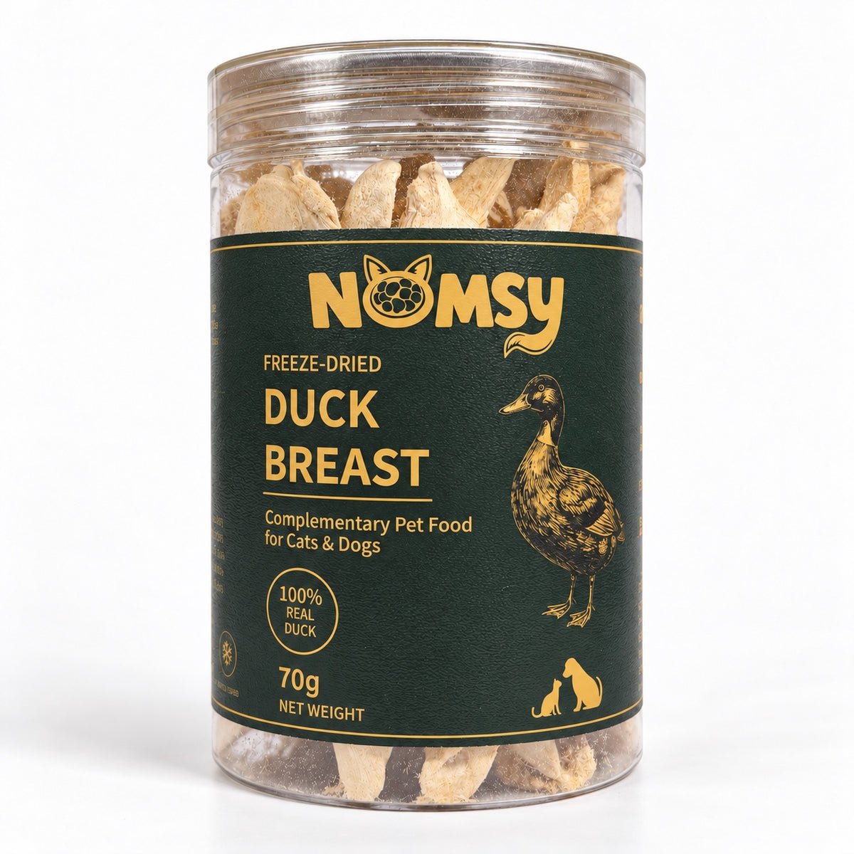 Nomsy freeze-dried duck breast 70g jar, front label