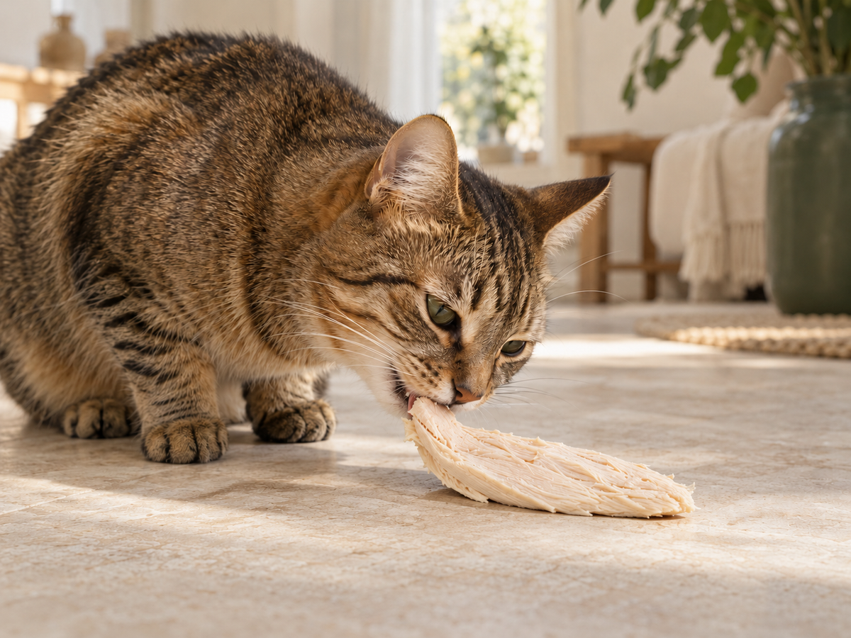 Tabby cat eating a freeze-dried chicken breast treat