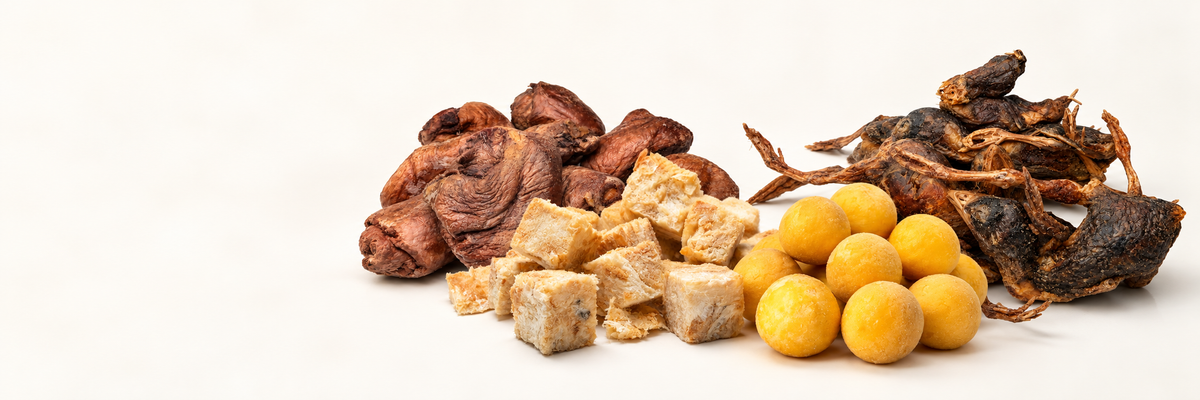 Nomsy freeze-dried chicken hearts, fish cubes, quail egg yolks and quail on a warm ivory background