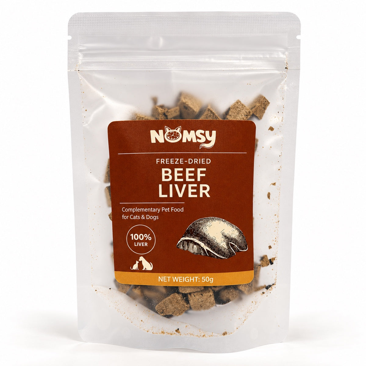 Nomsy freeze-dried beef liver 50g pouch, front label