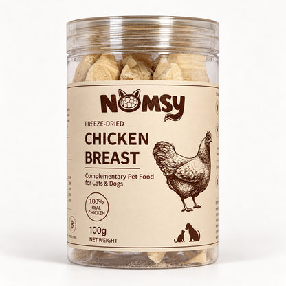 Nomsy freeze-dried chicken breast 100g jar, front label