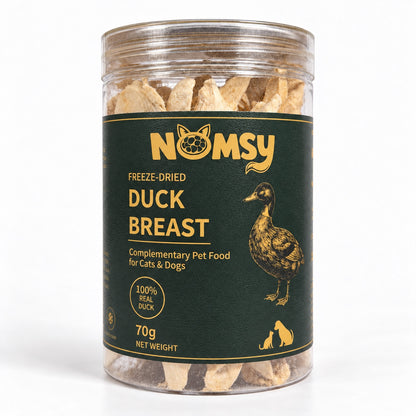 Nomsy freeze-dried duck breast 70g jar, front label