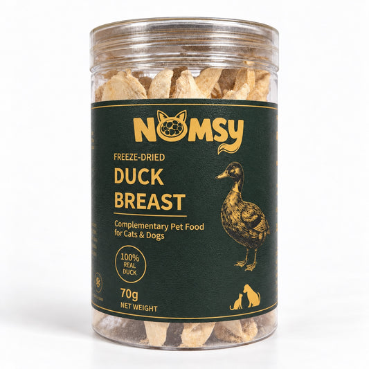 Nomsy freeze-dried duck breast 70g jar, front label