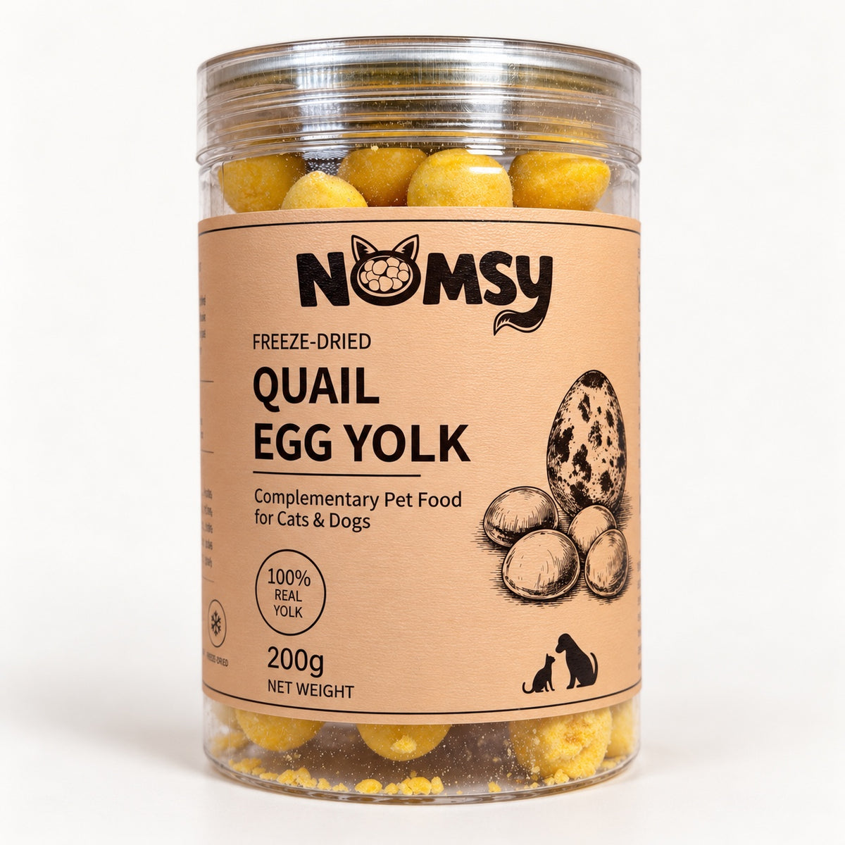 Nomsy freeze-dried quail egg yolk 200g jar, front label