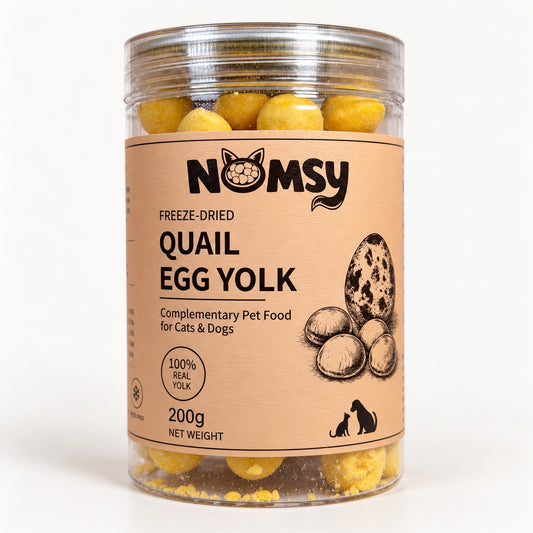Nomsy freeze-dried quail egg yolk 200g jar, front label