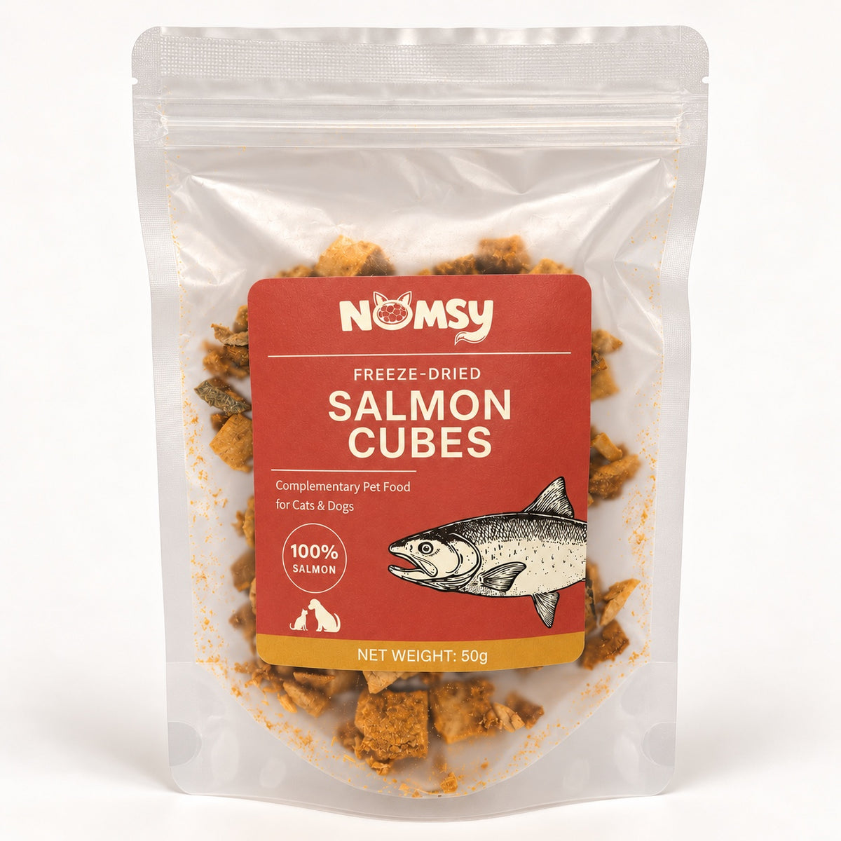 Nomsy freeze-dried salmon cubes 50g pouch, front label