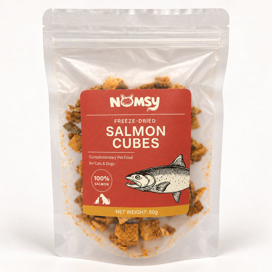 Nomsy freeze-dried salmon cubes 50g pouch, front label